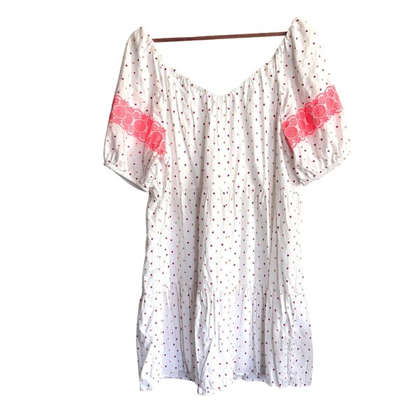 LOFT Embroidered Dot Swing Dress L White Pink V Neck Beach Travel Resort Cruise - Picture 5 of 8